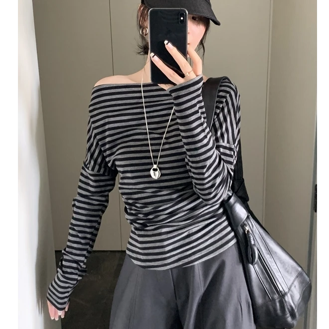 纯欲辣妹一字领条纹长袖T恤女秋冬修身百搭打底衫收腰上衣T90034