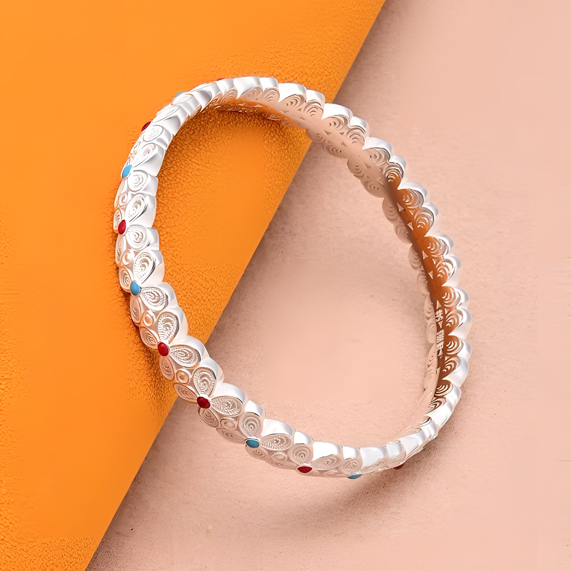 足银手镯 四叶花足银999闭口镯学生珐琅彩文艺复古首饰单圈女士