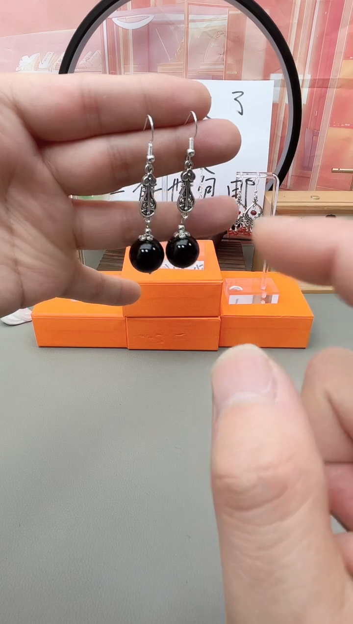 银S925镶嵌黑曜岩耳饰y282