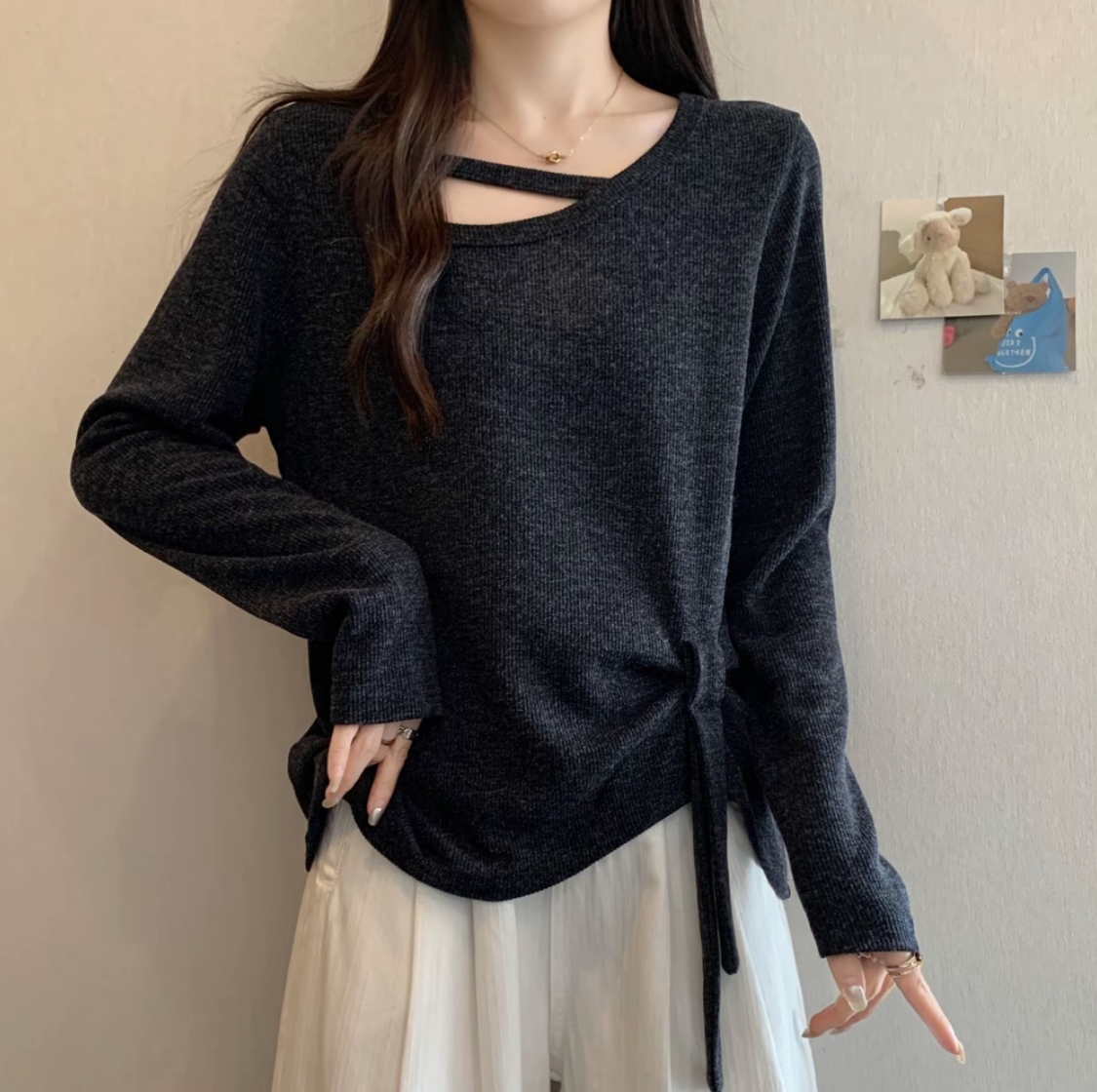 加大300斤可穿大码女装秋冬设计感飘带打底衫胖mm遮肚显瘦长袖T恤