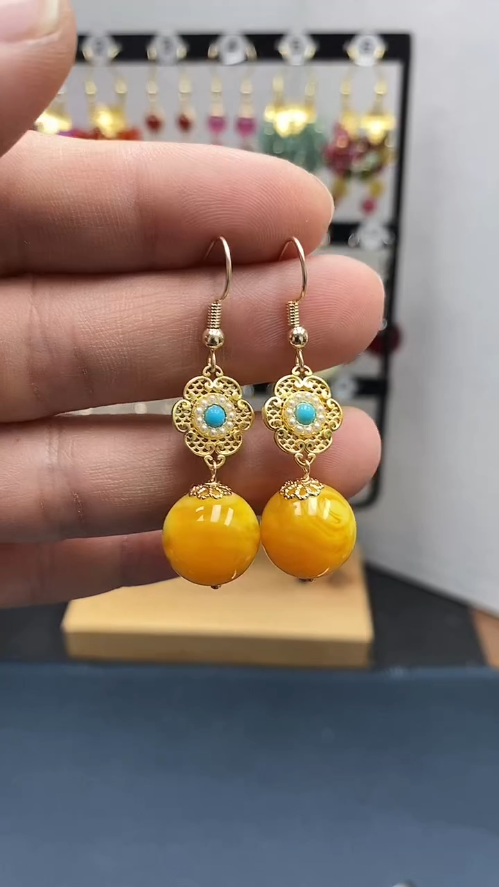 【闪购商品】蜜蜡耳饰银S925镀金镶嵌尺寸14mmQ9