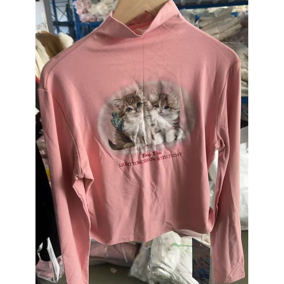 长袖短款字母印花T恤百搭秋季春夏重工圆领连帽女士套头春季