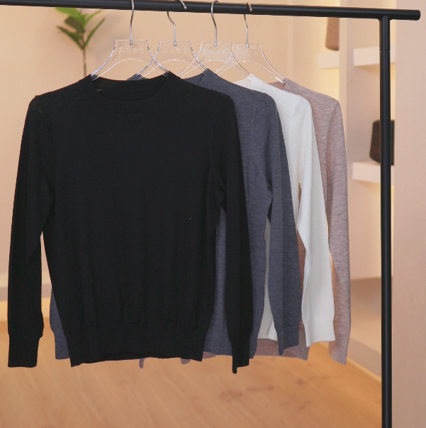 圆领精仿羊毛女针织衫内搭春秋长袖宽松时尚打底纯色