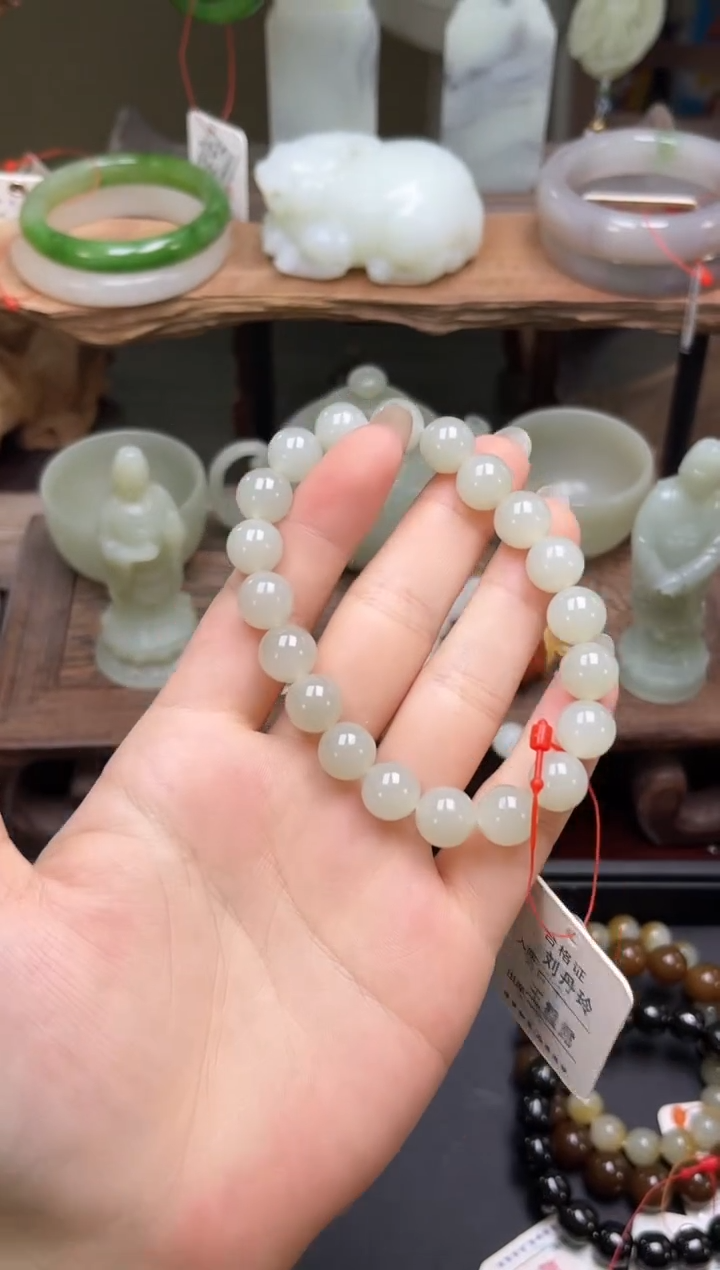 和田玉未镶嵌手串卡10且末青白 圆珠9006085