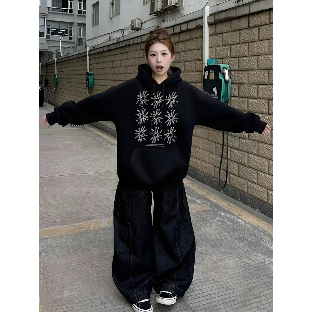 YWBY韩系慵懒风穿搭设计感连帽卫衣情侣款早秋宽松百搭外套男女 