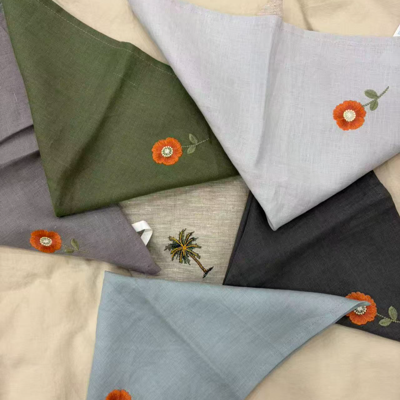 外贸出口刺绣款100 %纯亚麻方巾餐巾毛巾擦手擦脸巾