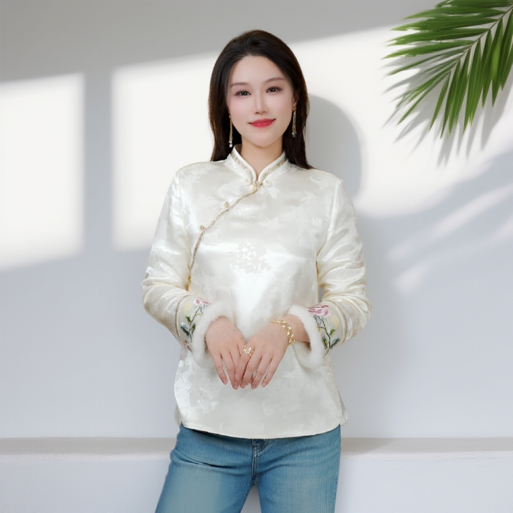 《ELFBOX》秋冬气质立领新中式上衣加棉加厚保暖刺绣衬衫6690