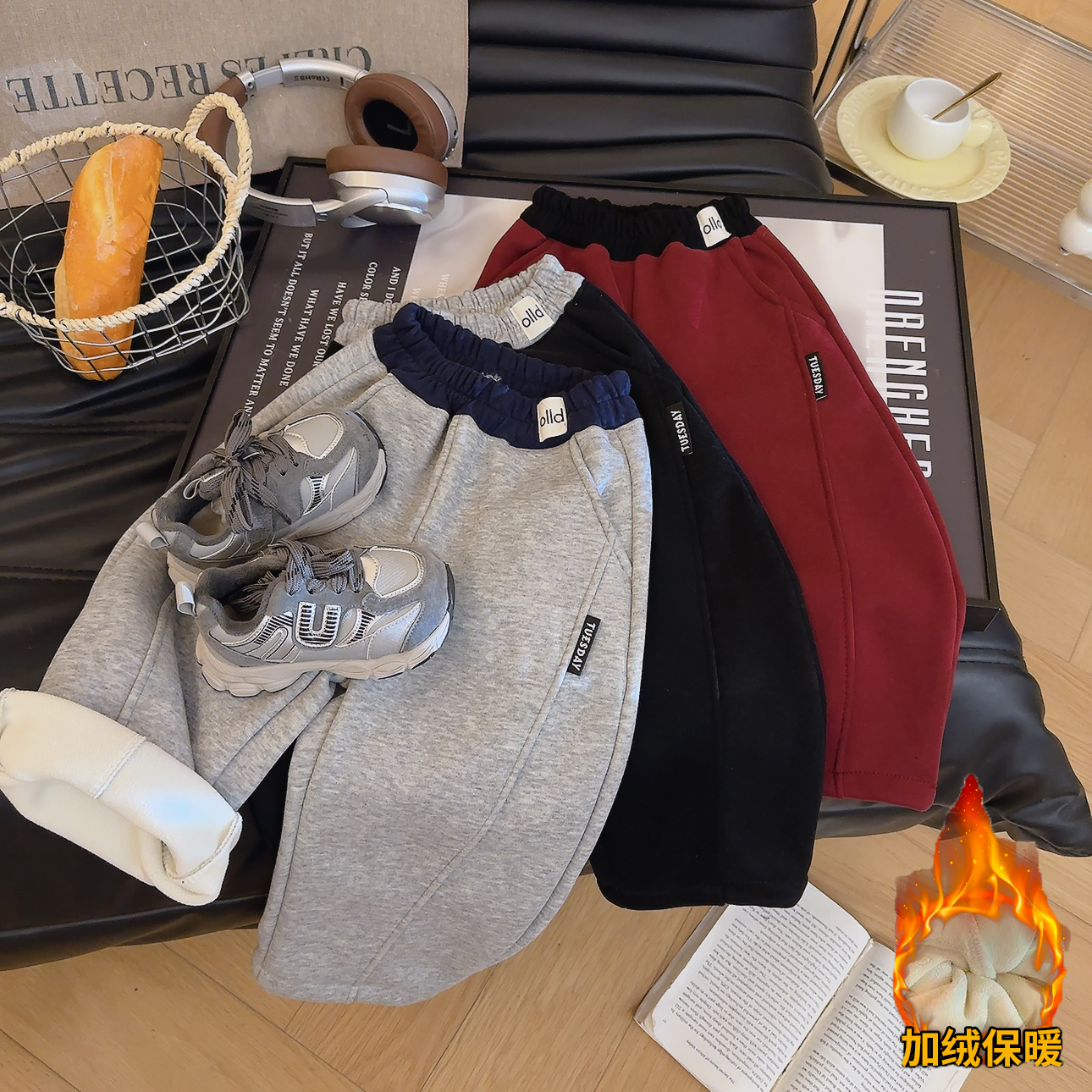 男女童简约加绒弯刀裤儿童2025冬季卫裤新款韩版宽松休闲长裤