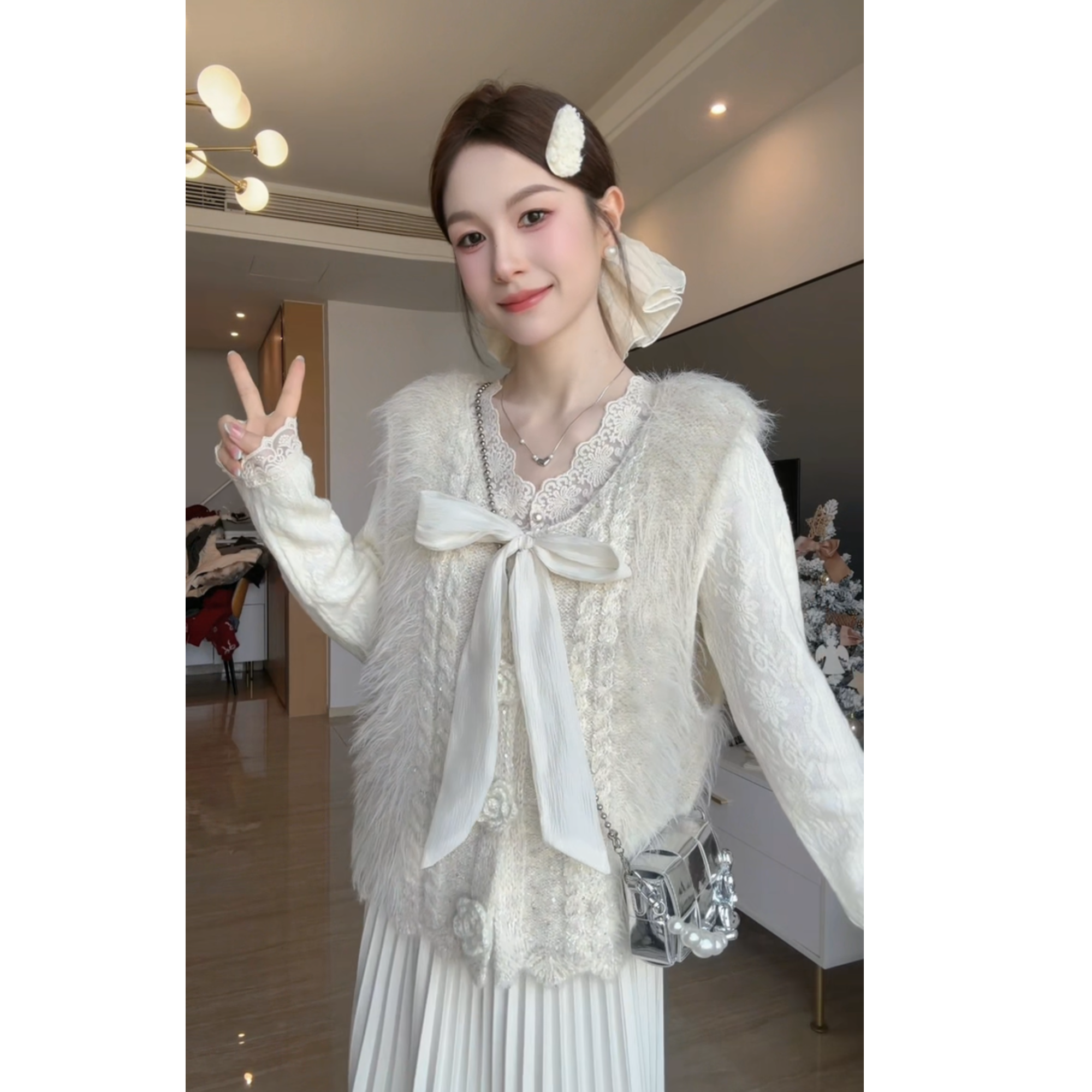 新款蝴蝶结宽松型女马夹减龄马甲甜美针织小众法式