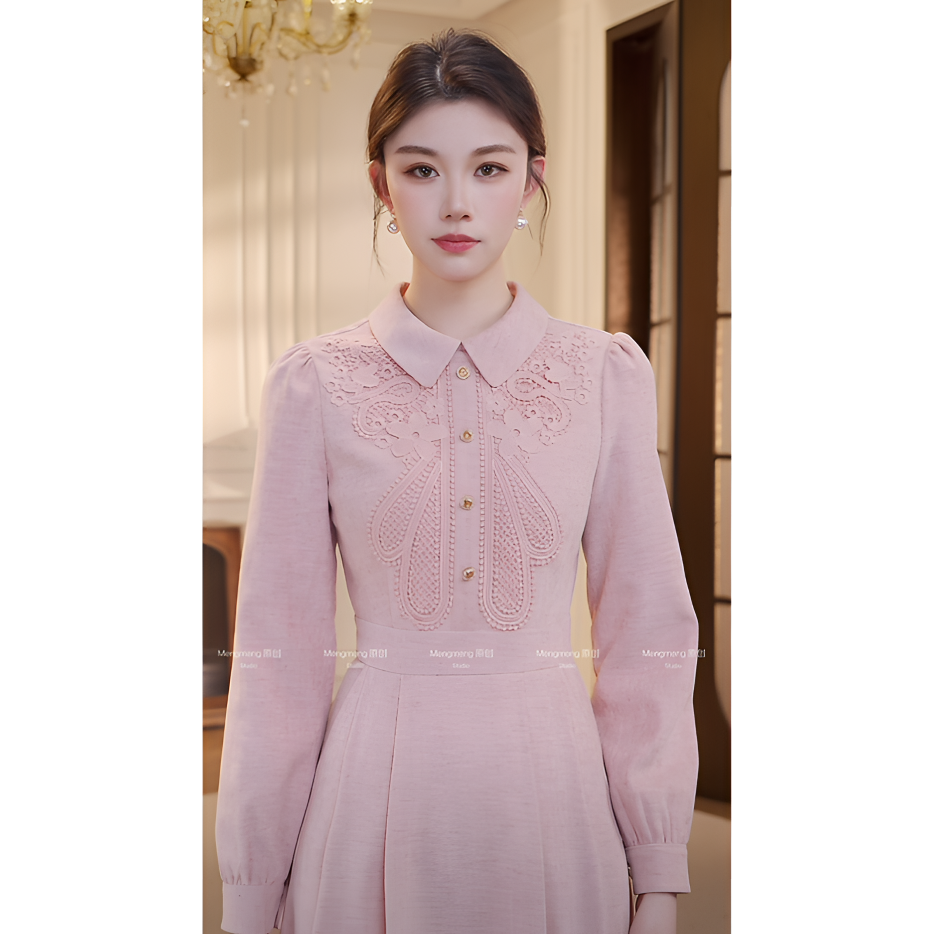 【梦梦&GERT】粉黛 冬季原创设计气质显瘦粉色法式连衣裙XJ244L1175