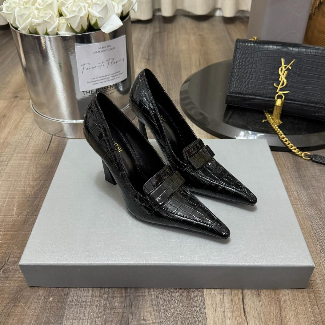 【YF高定】鳄鱼纹方扣高跟鞋女杨树林2025新款英伦风百搭气质单鞋