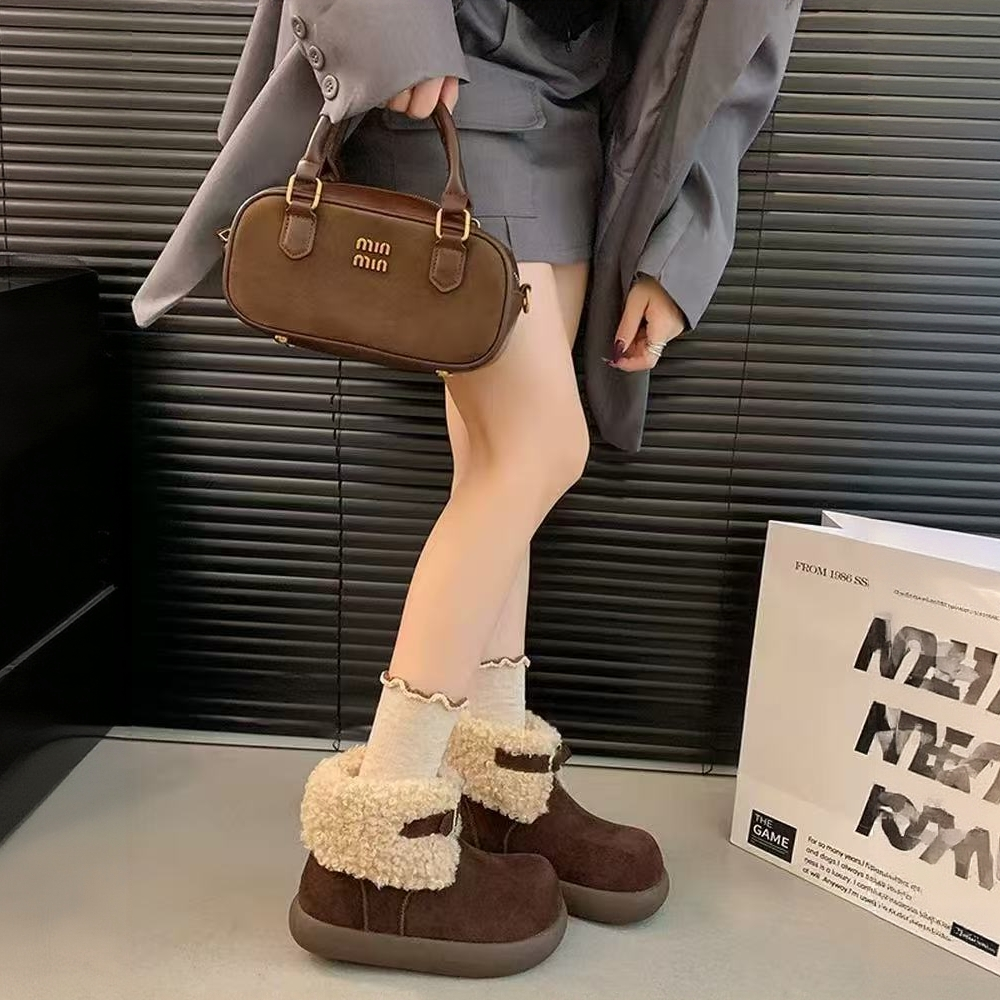 加绒雪地靴女扣带厚底短靴羊羔毛保暖6623
