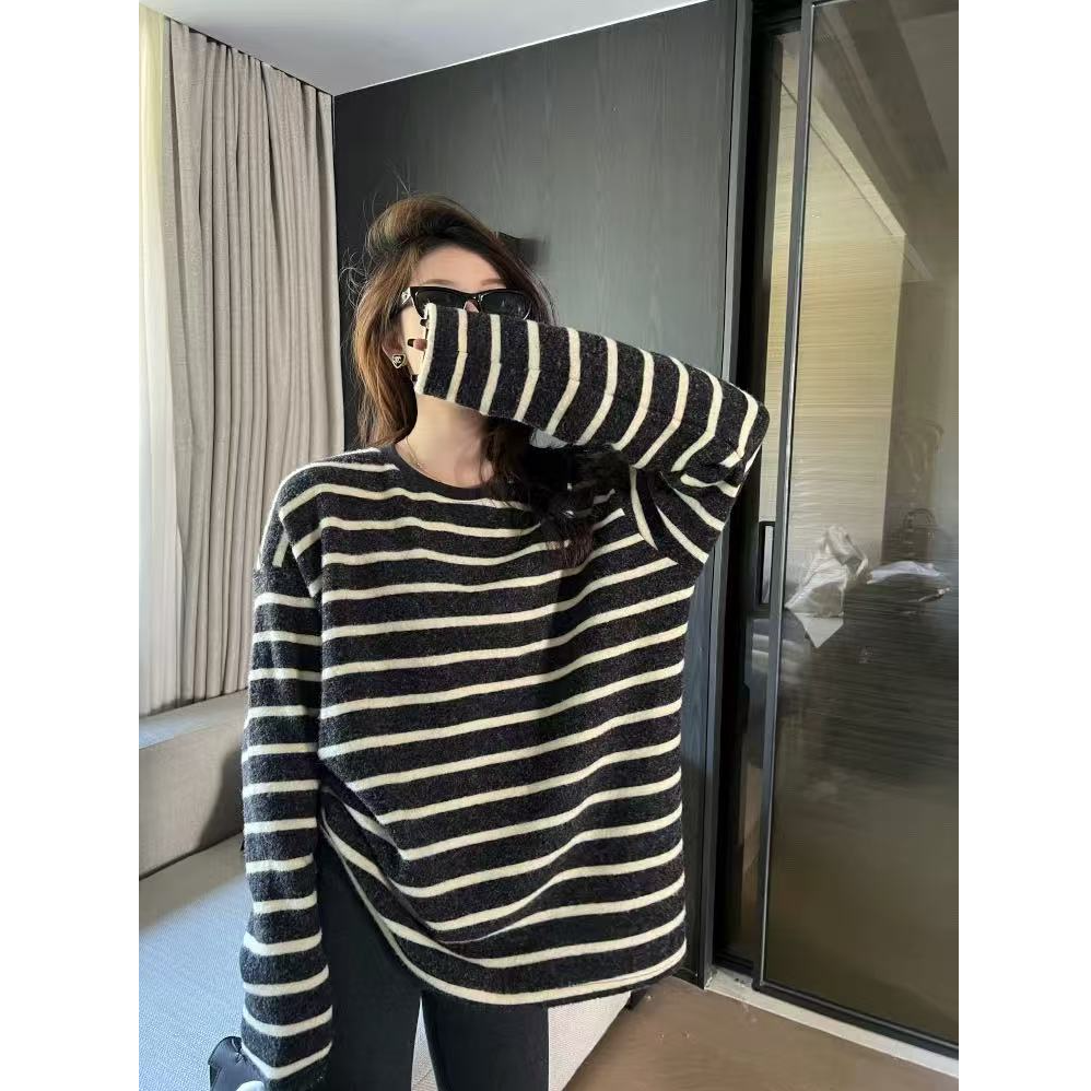 海盐奥利奥 日系海魂条纹衫秋冬保暖慵懒风仿兔毛绒软糯感上衣T恤