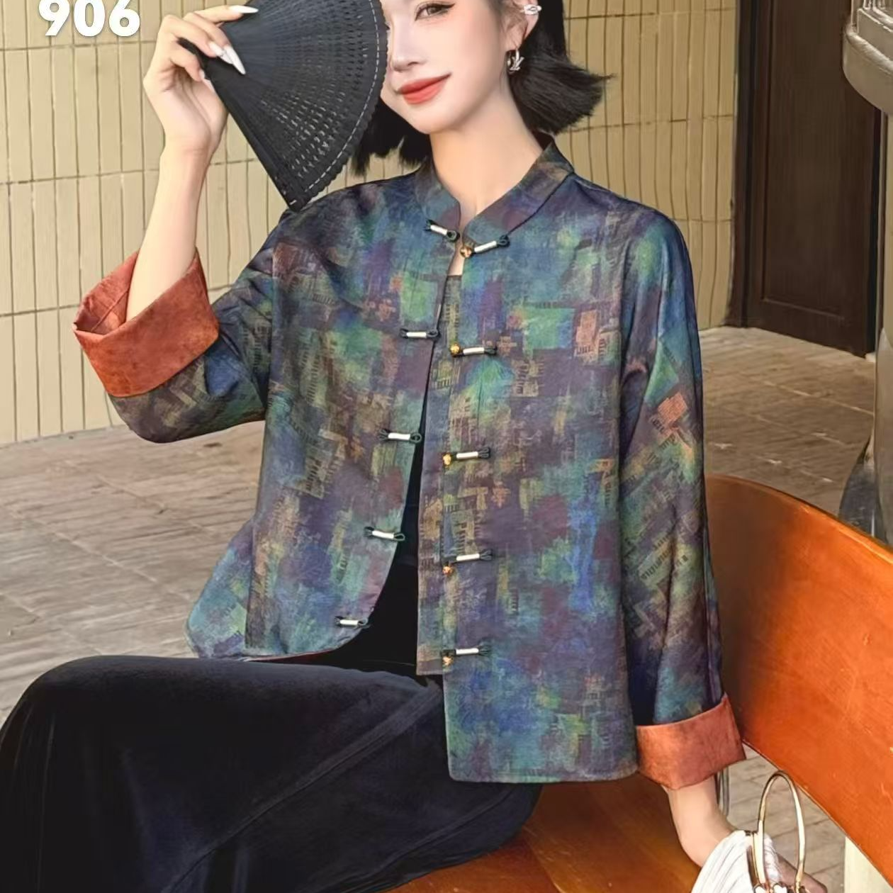 圆领提花单排多扣上衣中国风唐装长袖时尚上衣