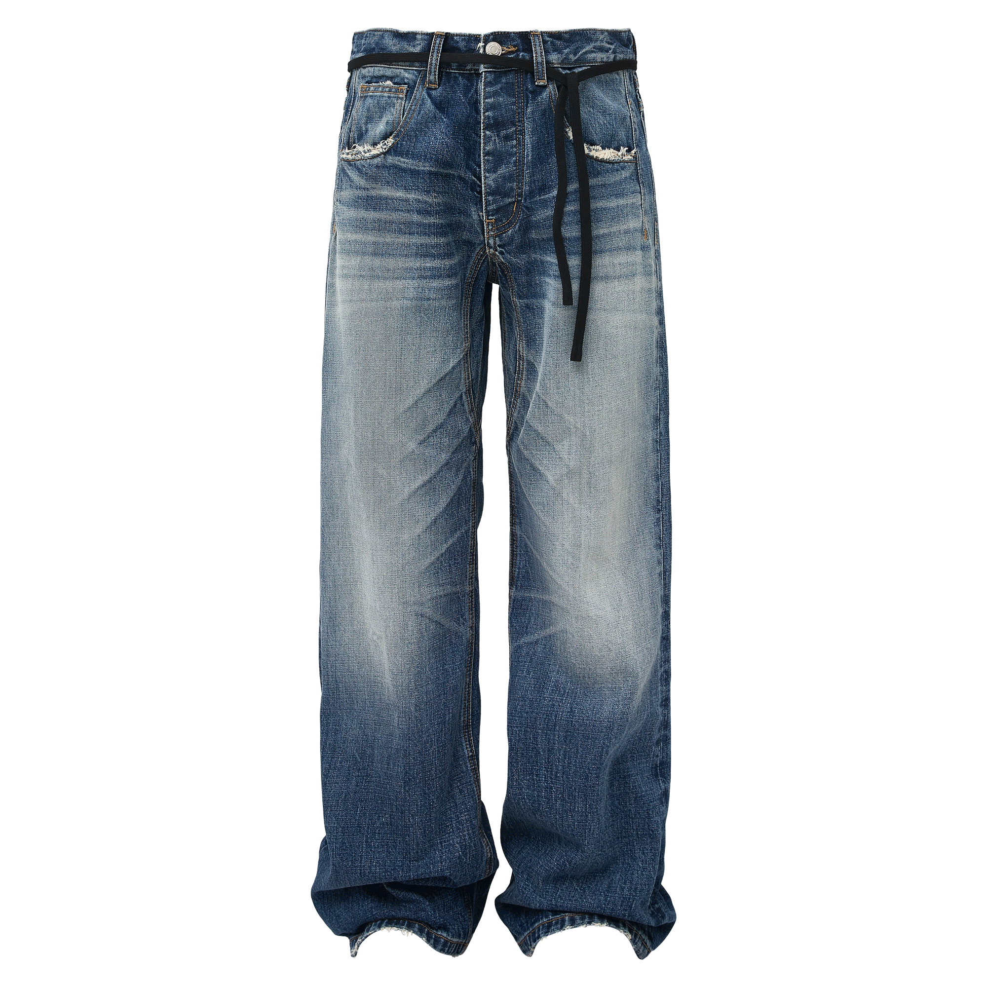 TAICHIISM“洗褪绑带”竹节棉水洗猫须复古做旧抽绳高盎司牛仔裤