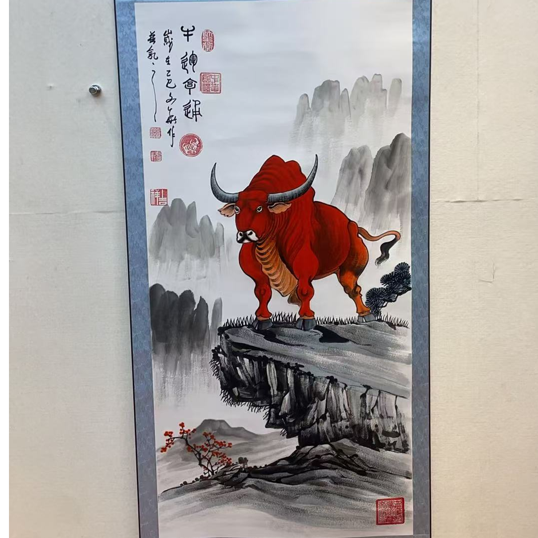 贾文华老师国画手绘作品 牛运亨通  四尺 .