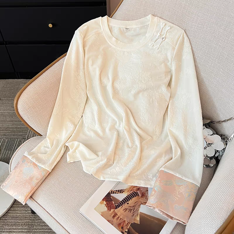 【盘扣】搭配国风马甲的打底衫提花大码长袖上衣新中式盘扣t恤