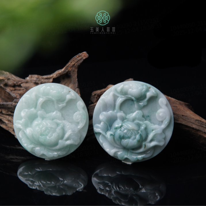 石惑珠宝%翡翠圆牌牡丹花吊坠约54mm%多样性发一