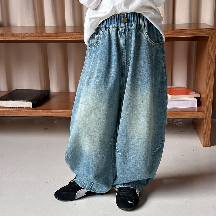 【依妈家】新品男女童秋款砂洗棉拼接弯刀牛仔裤儿童做旧长裤25F134