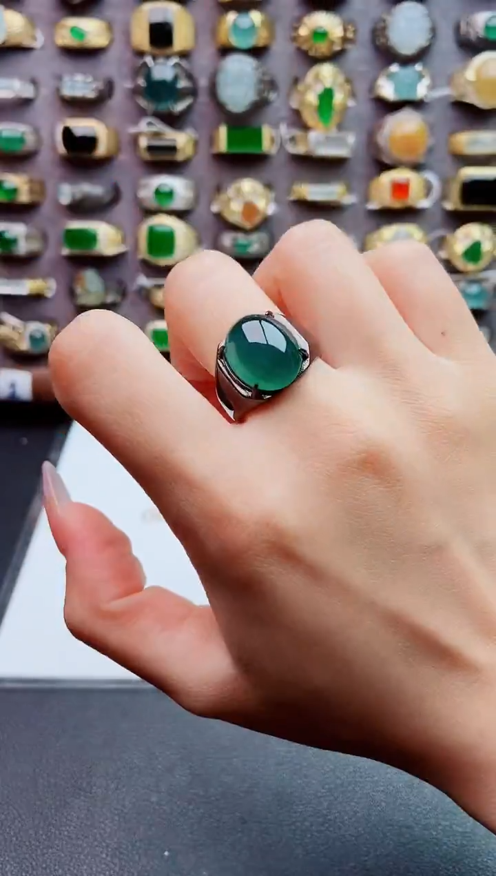 银S925镶嵌戒指翡翠天然翡翠男戒