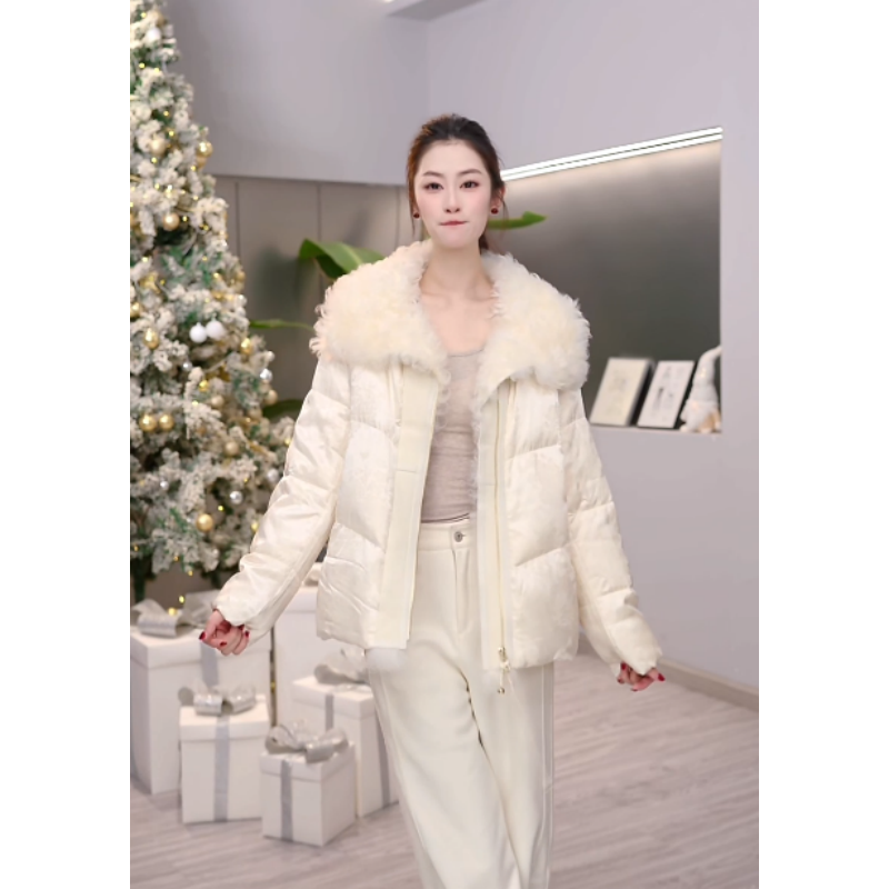 8208-国风提花外套新中式大羊毛领鹅绒服女