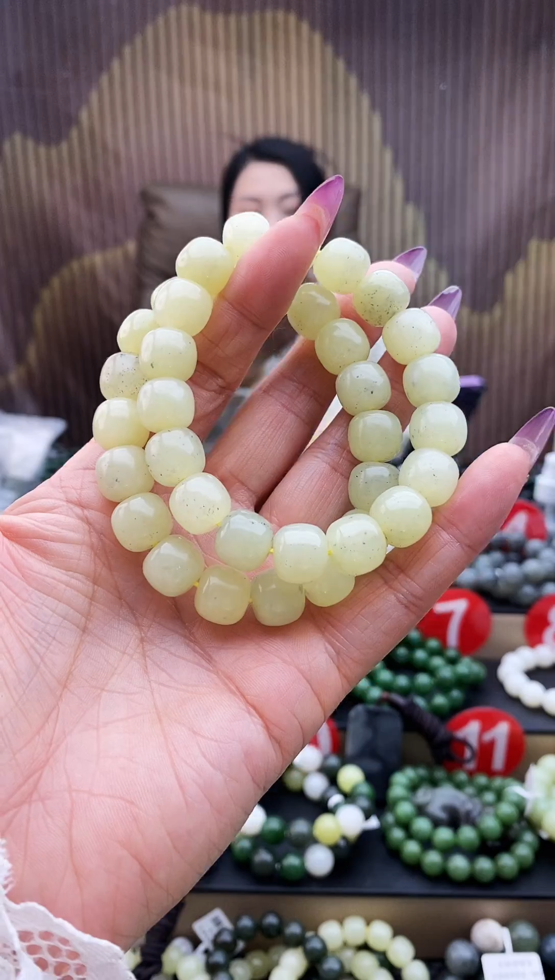 未镶嵌手串和田玉黄口点墨青花12拍一发一