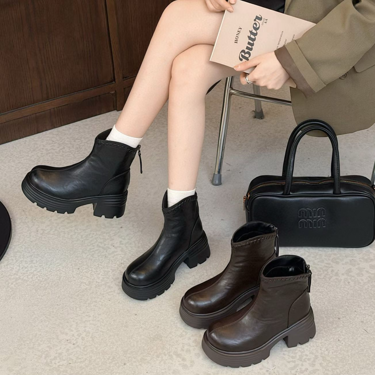 厚底增高马丁靴女2025秋冬新款加绒百搭时尚短筒粗跟瘦瘦靴短靴