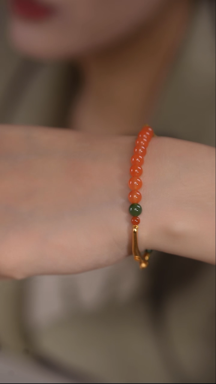 【闪购商品】南红玛瑙手链银S925镀金镶嵌南红单圈有凤来仪