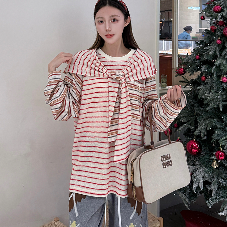 河岸家买手店CHEERi UPi百搭帽兜假两件条纹长袖T恤女26春夏新款