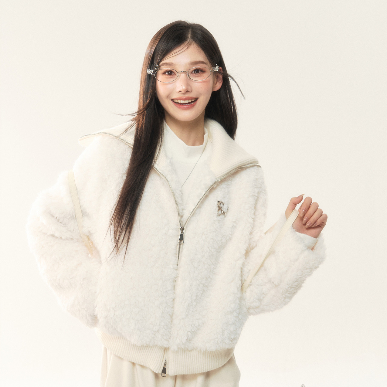 人造皮草 ELEVEN SLEEP冬季毛茸茸海军领短款外套女款韩系通勤羊