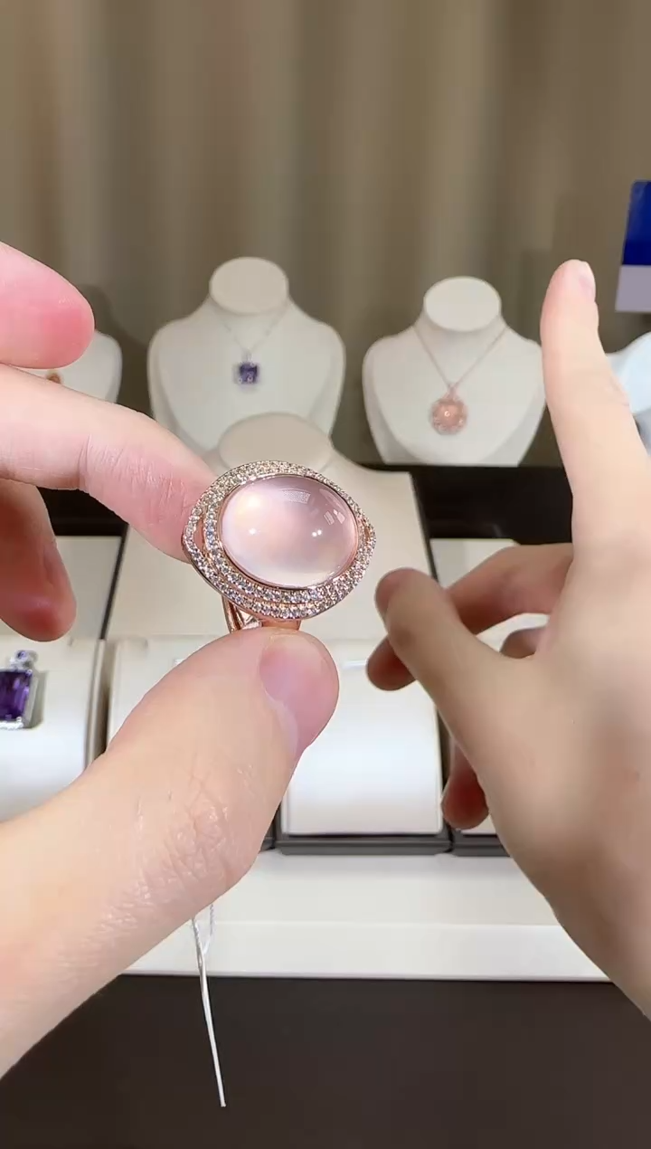 【闪购商品】芙蓉石戒指银S925镶嵌15*12mm粉水晶