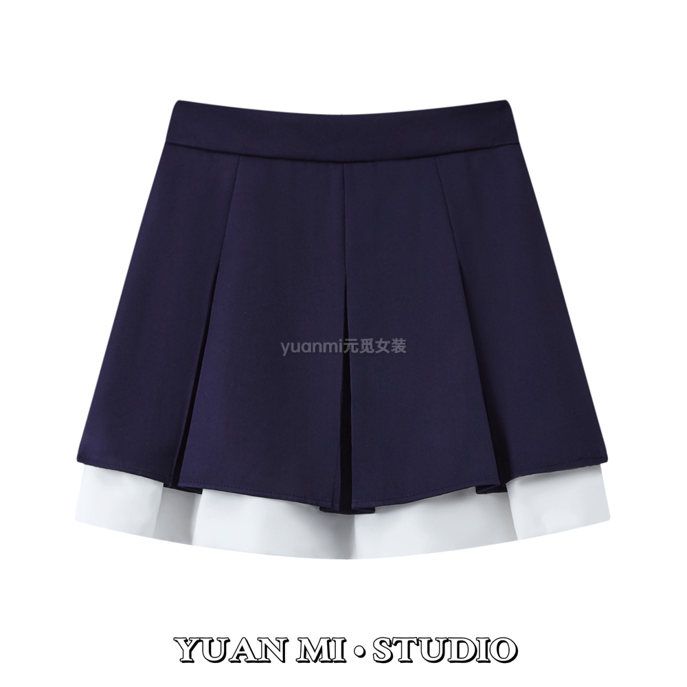 藏青色撞色百褶短裙女夏季新款小个子博主风时髦显瘦设计感半身裙