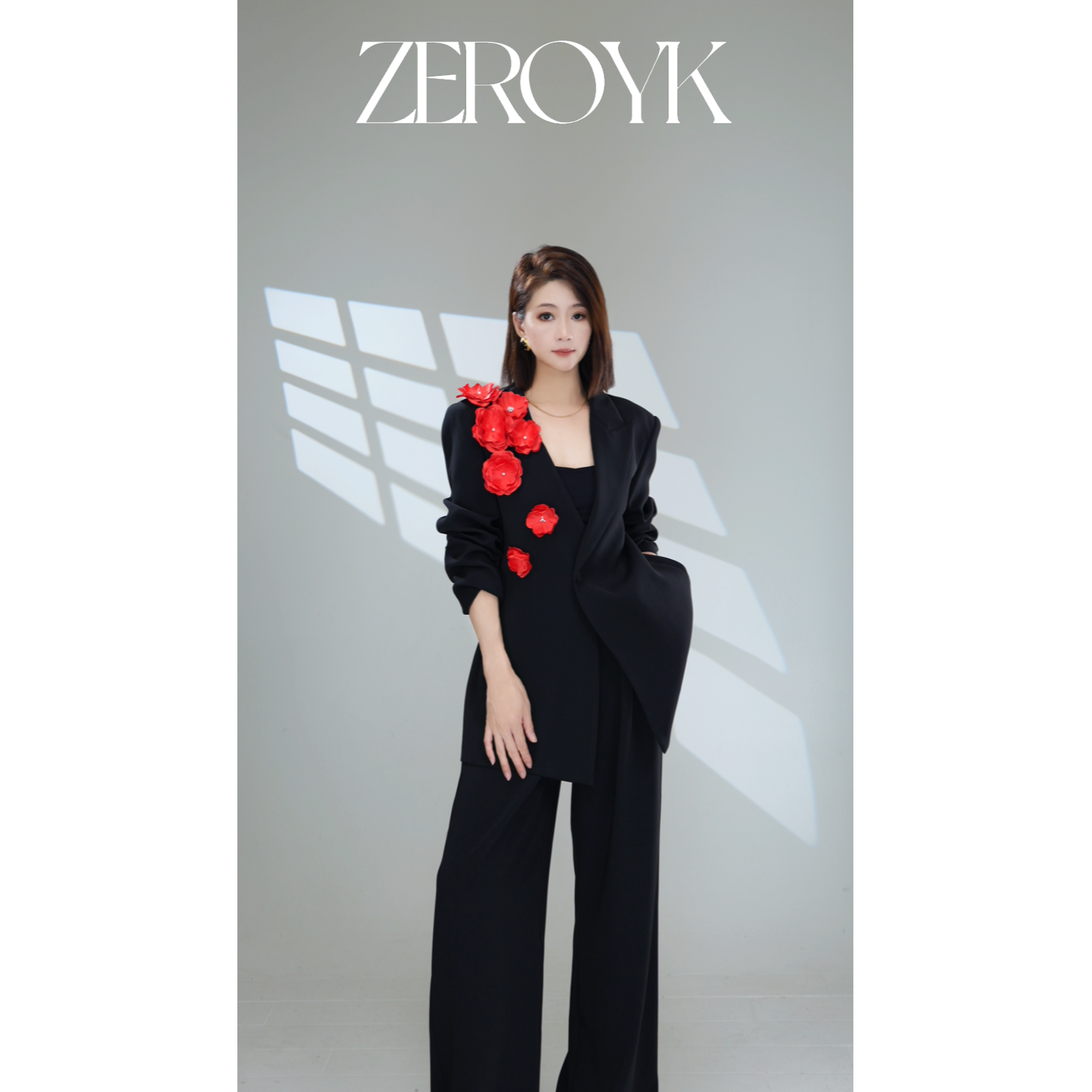 翎蔻 职场重工立体剪裁花朵黑色大气年会晚宴时尚西装套装