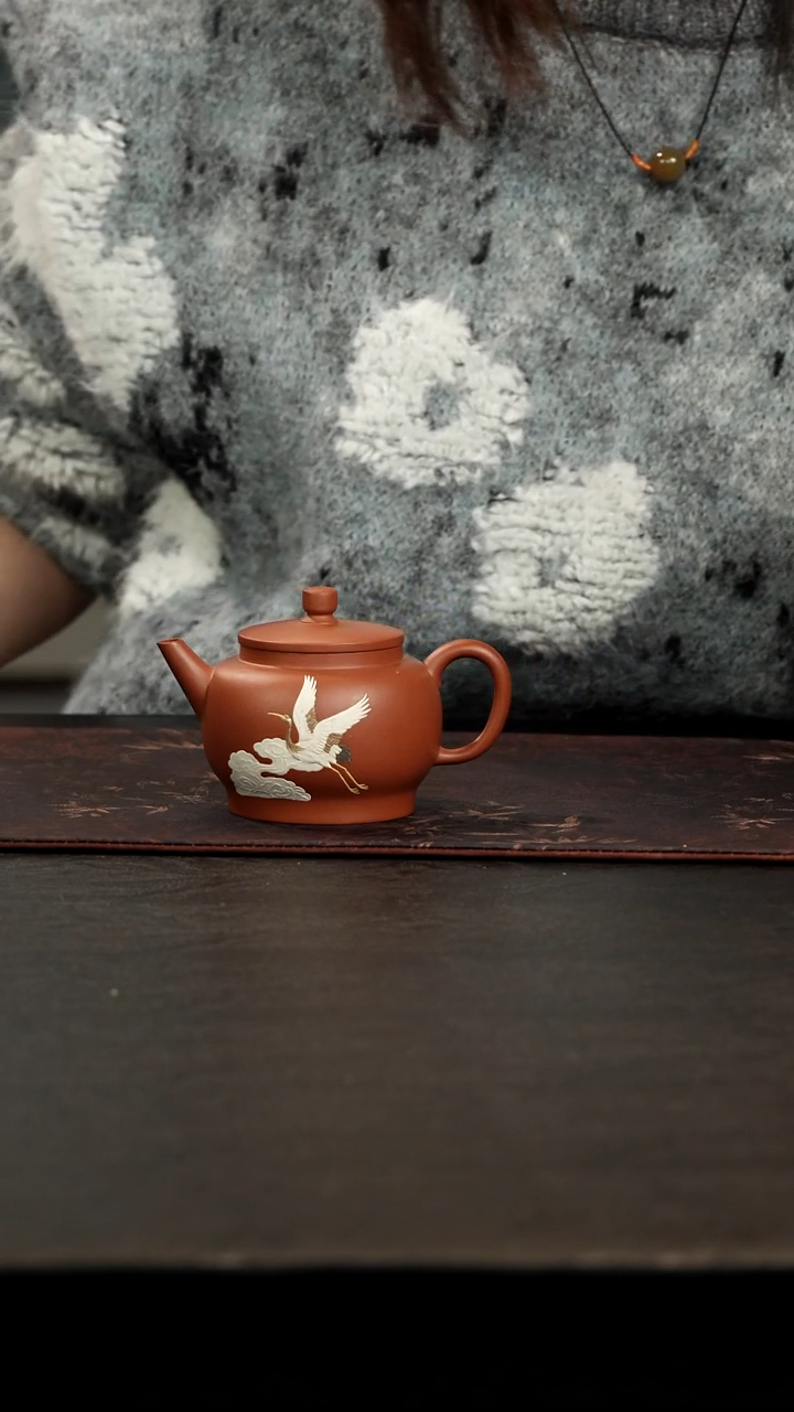 茶壶紫砂得****～明式小平盖彩绘朱泥140cc