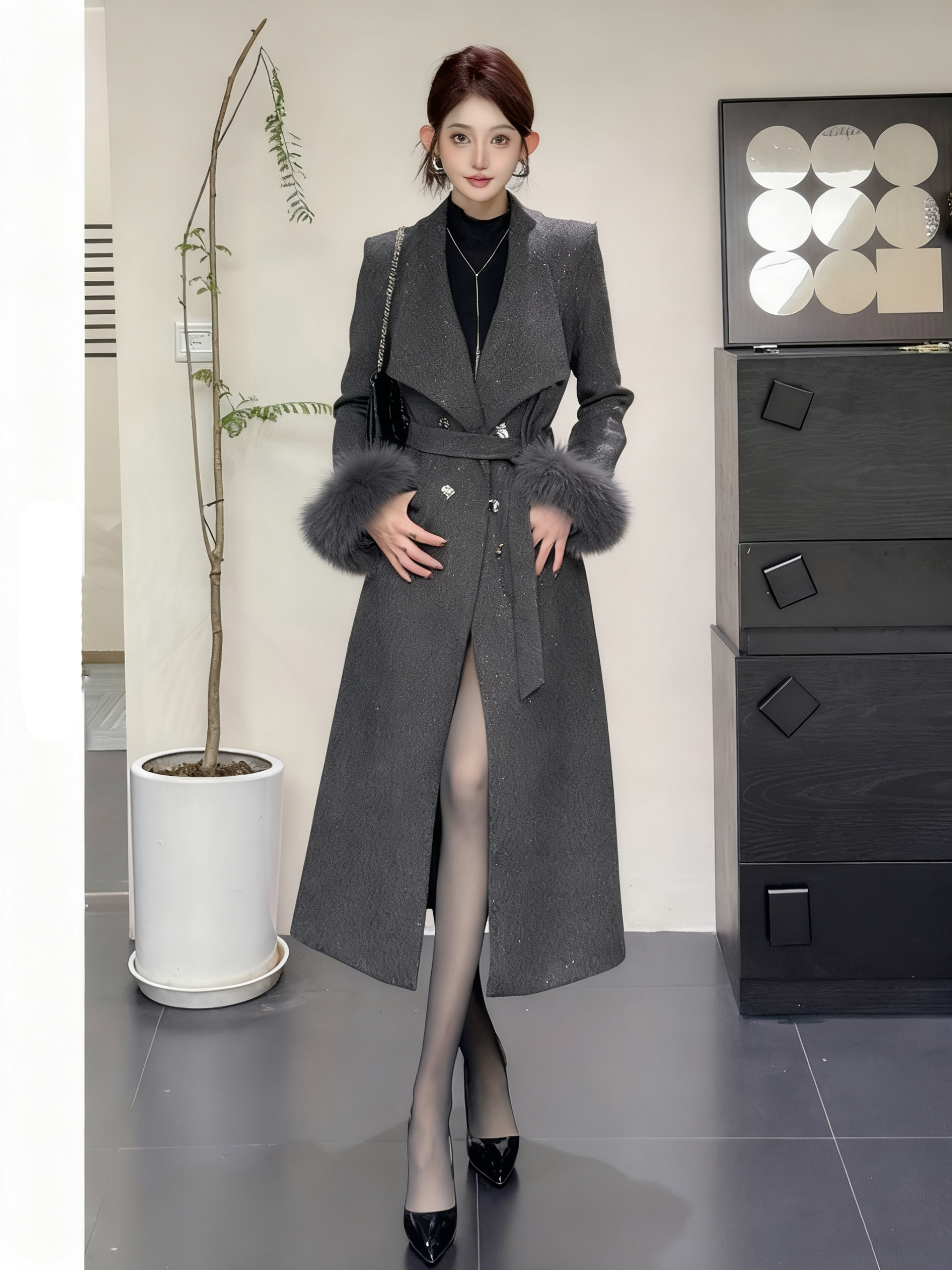 高级感毛呢大衣外套新款时尚亮闪轻奢显瘦系带风衣