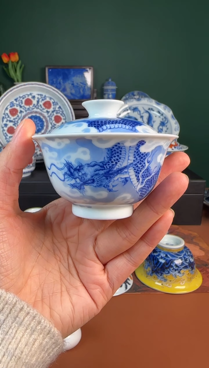 【闪购商品】杯景雨工坊 青花龙纹。盖碗 