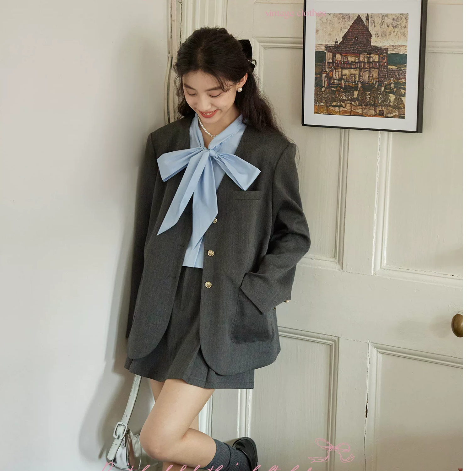 感韩系拼接衬衣蝴蝶结高腰显瘦西服外套半身裙上衣套装法式百搭