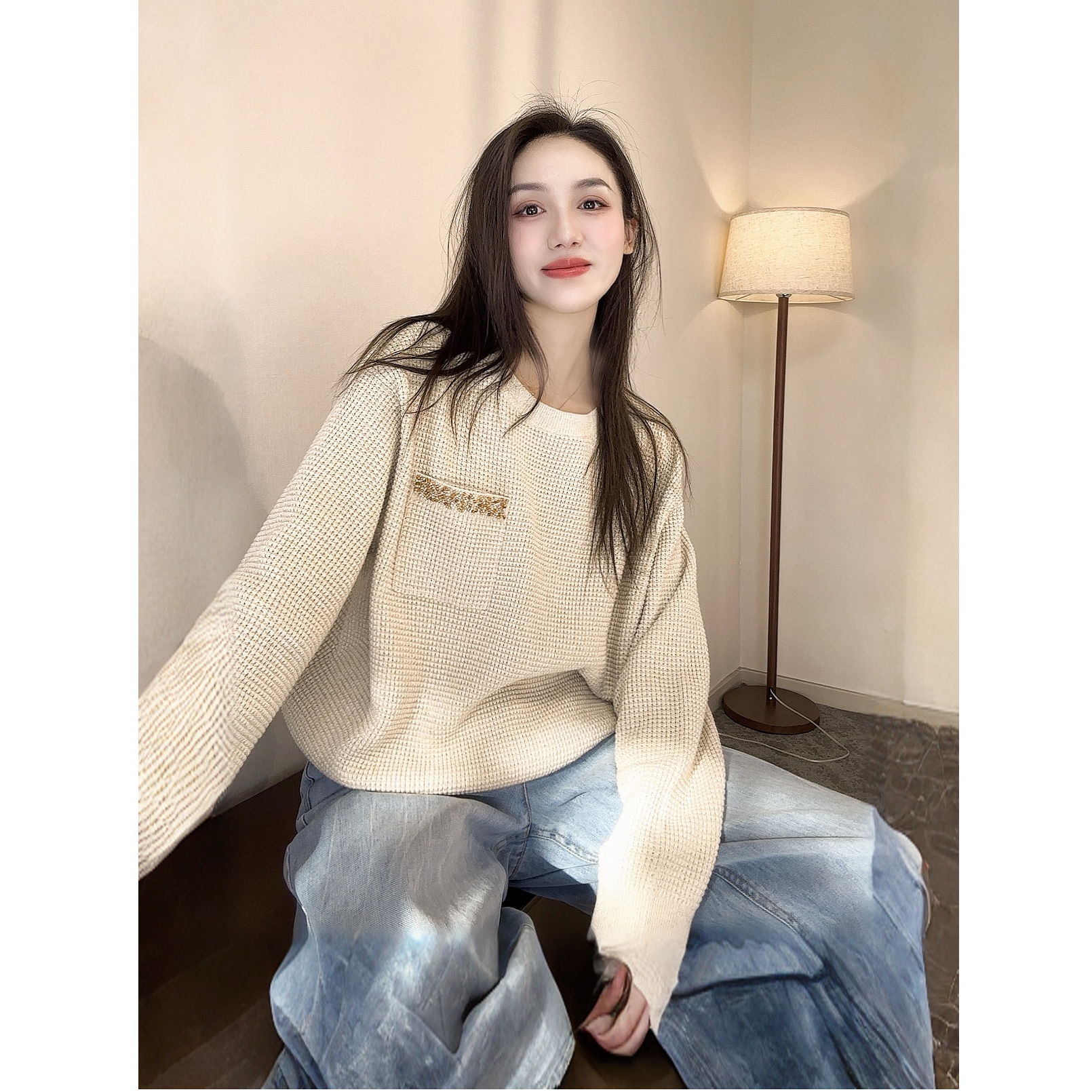 AMASS/阿玛施 松弛感亮片贵气百搭套头毛针织衫538112