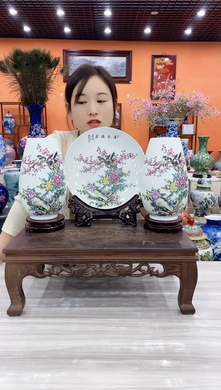 摆件春色满园福筒瓶三件套+旋转底座+龙头架