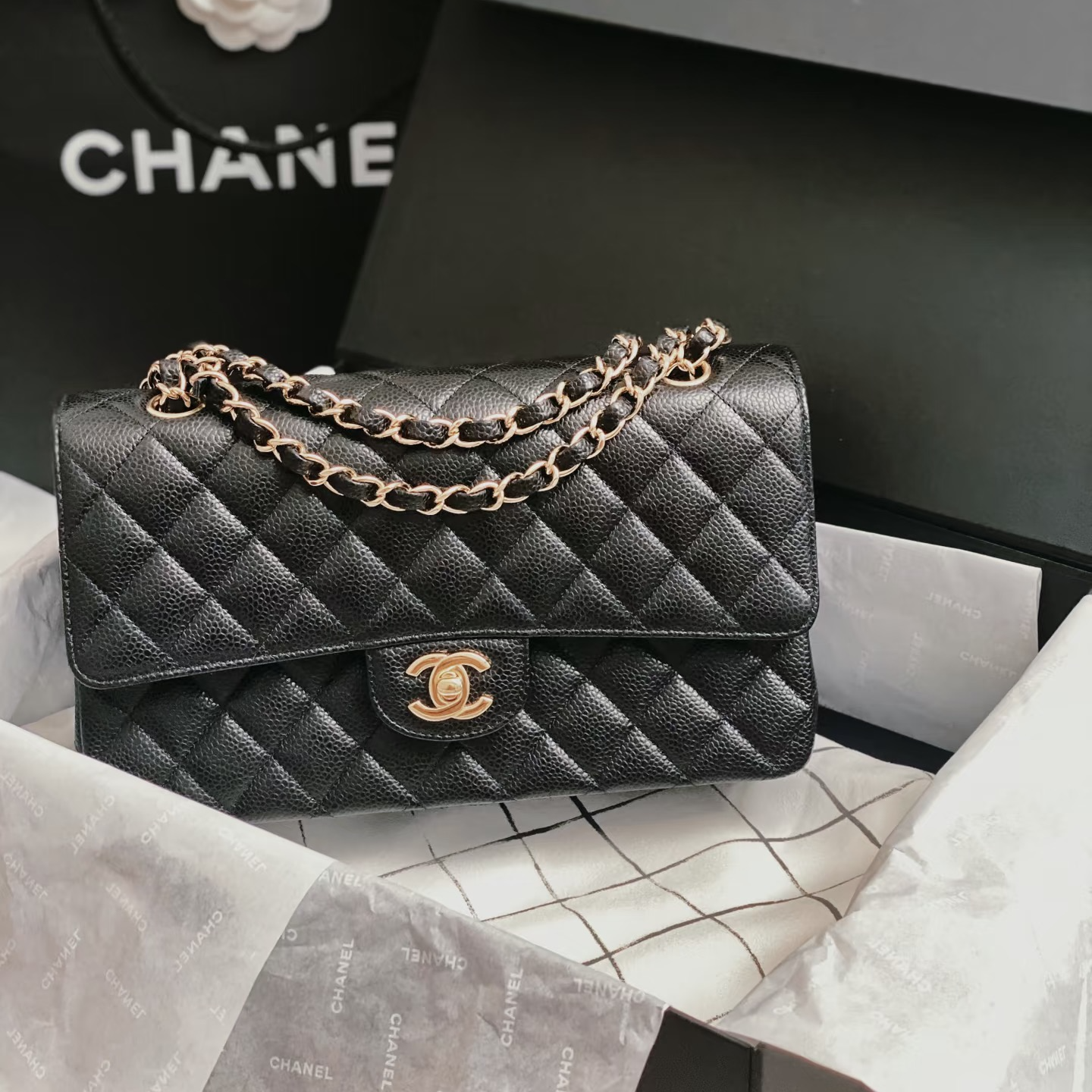 99新 Chanel/香奈儿 蔚蓝中古/黑金荔枝牛中号 CF链条包 20开