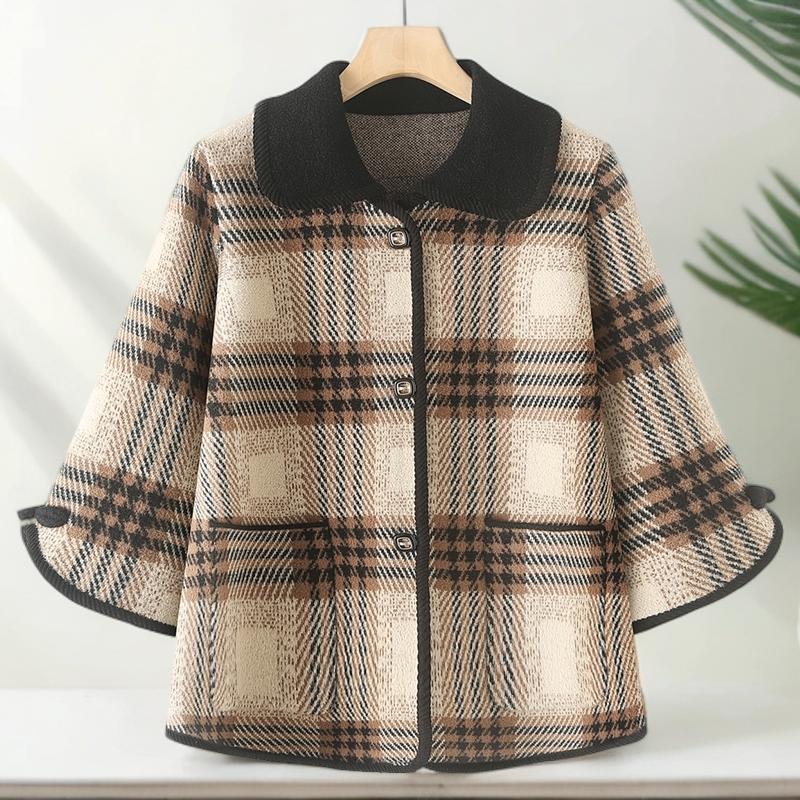 中年妈妈秋装针织格子外套小香风毛呢开衫中老年女装上衣2025新款