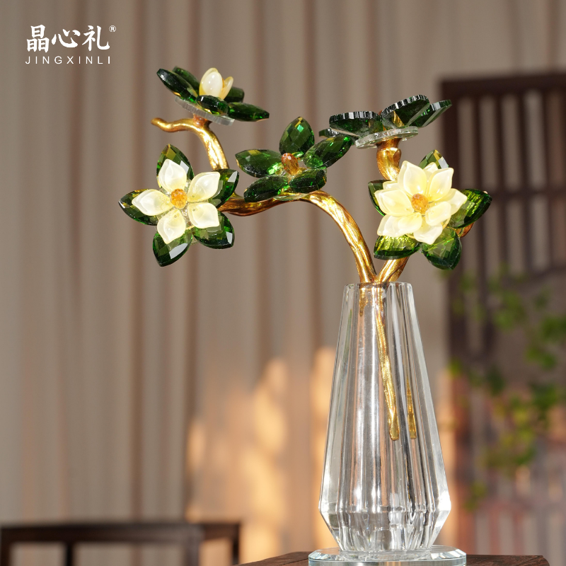 轻奢玉兰花K9水晶摆件创意高档客厅电视柜摆设办公室装饰品