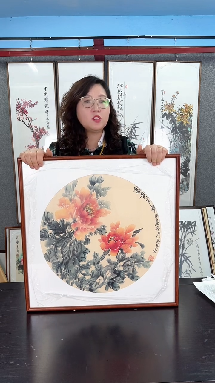 国画实木装裱 牡丹 60*60