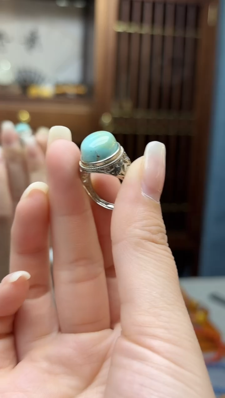 银S925镶嵌绿松石戒指s925银松石蛋面戒指LX