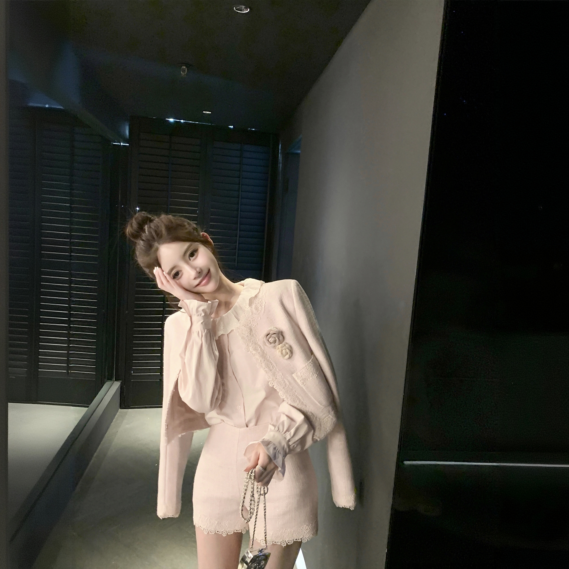 娇养千金D家花边编织小香外套气质名媛秋冬新款短裤套装-3612