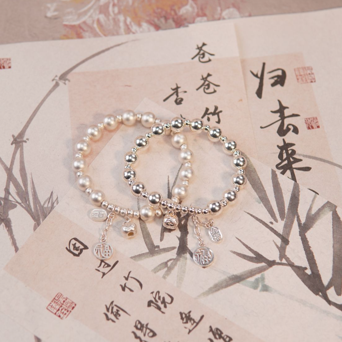 足银手链 苗人匠银坊 足银纯手工 柿柿如意小福牌手链