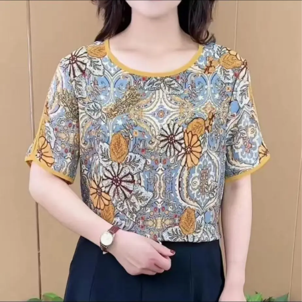 妈妈短袖t恤女 宽松2025夏装新款时尚洋气打底小衫中老年半袖上衣