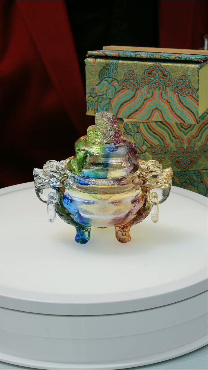 泥塑古法琉璃双耳香炉摆件