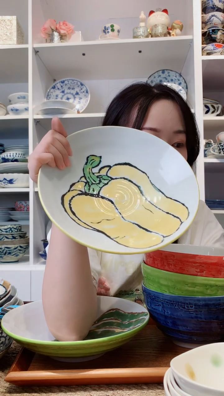 陶瓷美浓烧黄彩椒大深盘