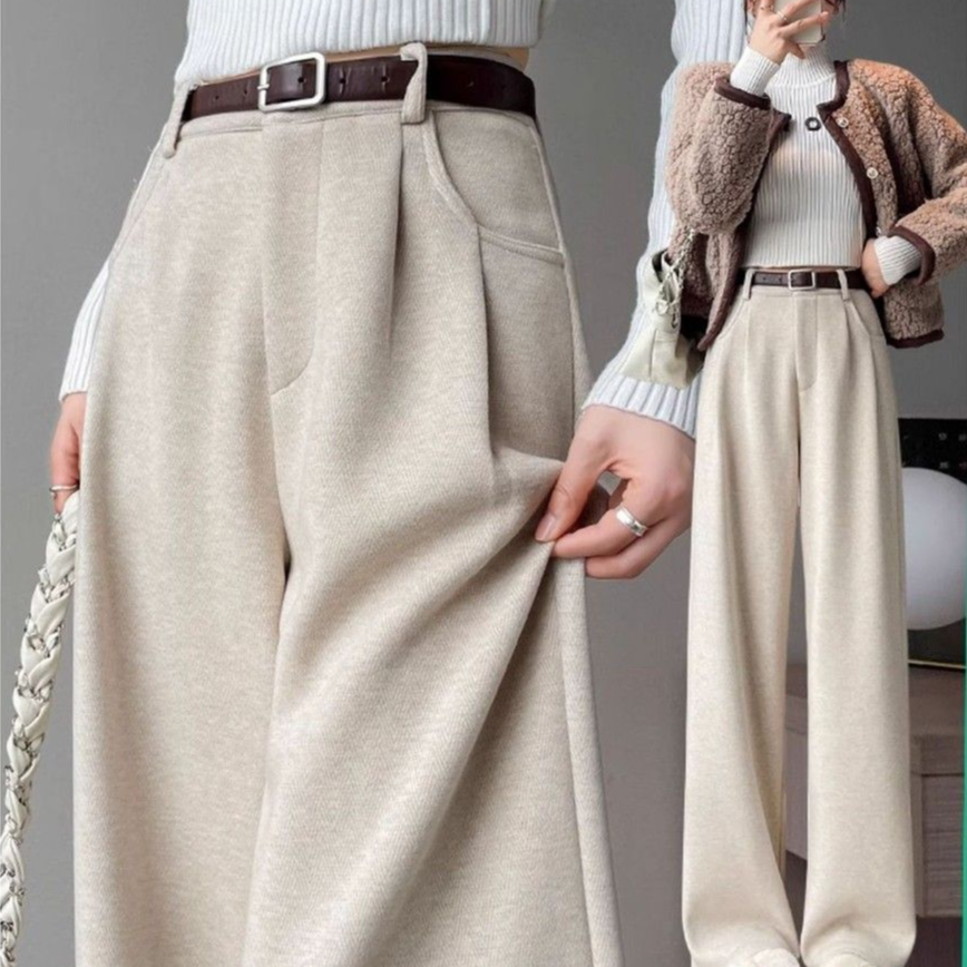 秋冬2025加绒人字纹毛呢舒适百搭阔腿裤女高腰垂感宽松显瘦休闲裤